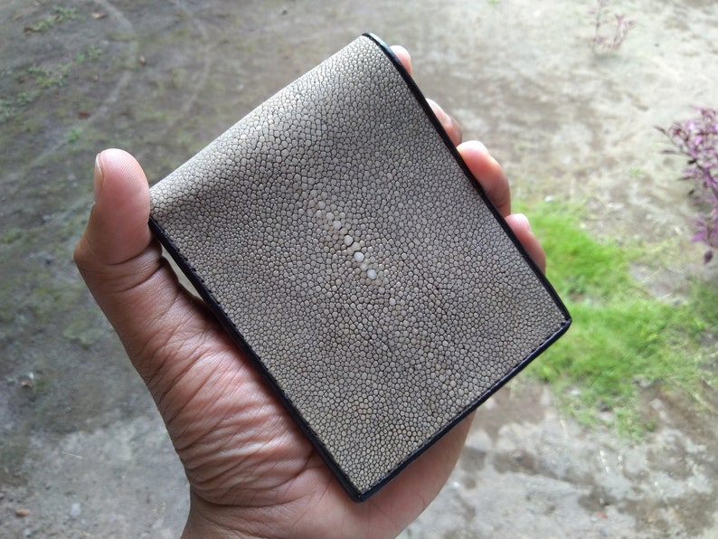 Genuine Real 2 Eye Stingray Skin Leather Man Bifold Shiny Black Wallet New