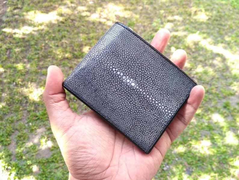 Genuine Real 2 Eye Stingray Skin Leather Man Bifold Shiny Black Wallet New