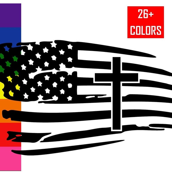 Cross Tattered American Flag Vinyl Decal Sticker for car, truck, laptop | Christian America Flag Sticker in Multiple Colors and Sizes