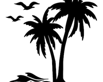 Palm Trees and Waves Vinyl Decal Sticker for Car, Truck, RV, Camper, Trailer