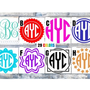 May include: Eight different monogram designs with the letters A, Y, and C in a circle. The designs are in various colors, including red, pink, blue, turquoise, purple, black, and gold.