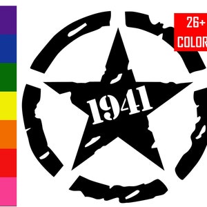1941 Distressed Star Vinyl Decal Sticker for hood, door, fuel gas door, bumper, fender, laptop. Single or Set in multiple colors and sizes.