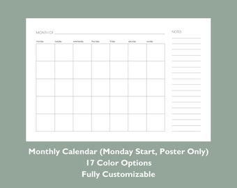 Monatlicher Wandkalender mit Papierposter | Personalisierter Monatskalender | Anpassbare Farboptionen | Großer Wandkalenderdruck | Montagsbeginn