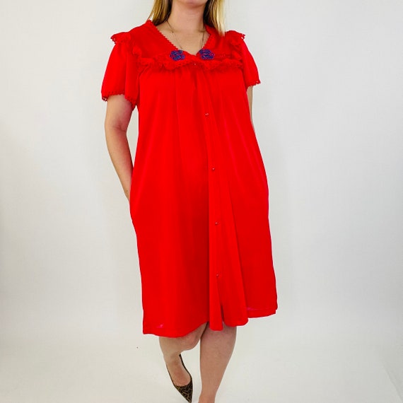 Vintage Red Lace Trim Floral Dress | Short Sleeve… - image 5