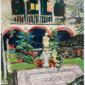 Art print, Boston Isabella Gardner Museum courtyard, oil pastel painting print, floral art print, sculpture art, 11x14 inches print