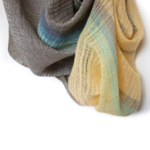 Handwoven unique scarf - tube &#39;Lemon Grey&#39;, fine linen, 100% merino wool, handmade, luxury fashion accessories