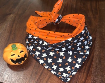 Halloween Bandana - Mini Ghosts & Pumpkins - Reversible - Polka Dots - FREE SHIPPING