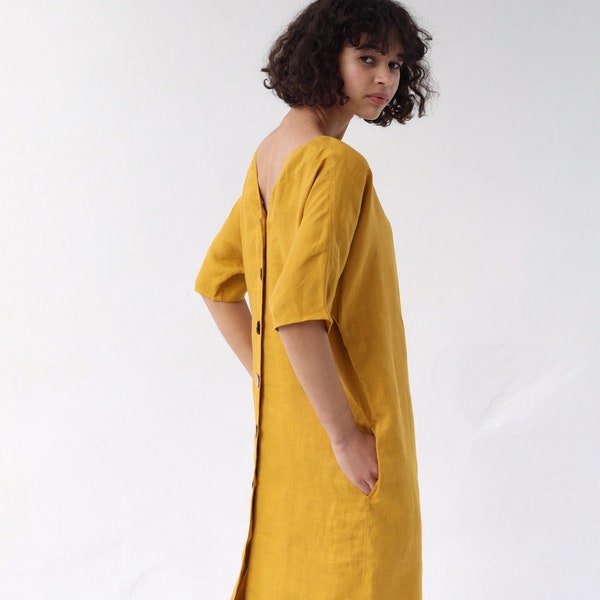 Robe en lin RINA / Femmes élégantes / Robe midi à manches courtes jaune avec boutons / Vêtements en lin pour elle / Fabriqué de manière éthique par Happymadedesign