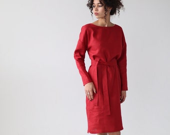 Linen Dress ANETTE with Long Sleeves / Linen Short Spring Dress / Pure Linen Autumn / Red Christmas Linen Dress / Shift Dress with Pockets