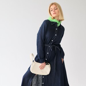 Linen Maxi Shirt Dress FREJA in A-line Silhouette with Contrast Stitching and Pockets / Long Linen Shirtdress with Belt / Ethically Produced image 6