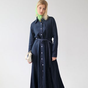 Linen Maxi Shirt Dress FREJA in A-line Silhouette with Contrast Stitching and Pockets / Long Linen Shirtdress with Belt / Ethically Produced image 3