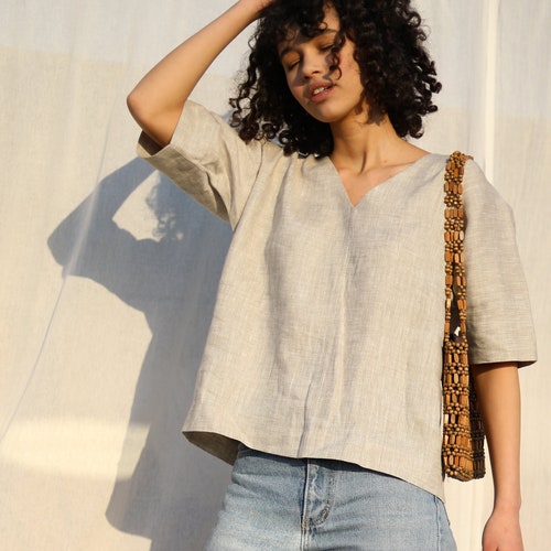 Linen Top ELIN / Washed Pure Flax Blouse / Boxy Loose Linen - Etsy
