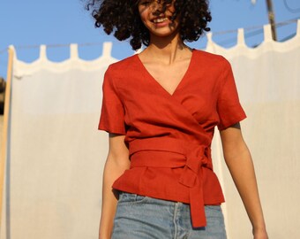 Wrap Top in Linen MONIKA / Red Linen Wrap Blouse / Linen Kimono / Summer Top With Short Sleeve for Women / Ethically Made by Happymadedesign