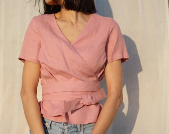 Linen Wrap Top MONIKA / Pink Linen Wrap Blouse / Linen Kimono Top / Summer Wrap Top With Short Sleeve / Ethically Made by Happymadedesign