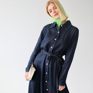 Linen Maxi Shirt Dress FREJA in A-line Silhouette with Contrast Stitching and Pockets / Long Linen Shirtdress with Belt / Ethically Produced image 5