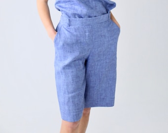 Linen High Waisted Bermuda Shorts LISA / Elastic Waist Summer Knee Long Linen Shorts / XXL Comfortable Linen for Women / Ethically Made