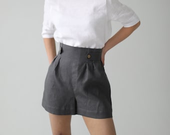 Short en lin taille haute LEAH / Leinenshorts / Short en lin d'été taille élastique / XXL Vêtements faits à la main pour les femmes par HappymadeDesign