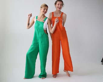 NEA Linen Jumpsuit / Linen Dungarees with Flare / Flared Leg Dungarees / Linen Romper with Wide Leg /Ethically Made Linen Clothing for Her