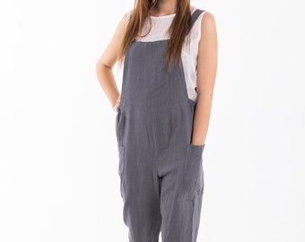 Linen Dungarees IREN in Forest Green / Comfortable and Casual Women Romper / Linen Natural Jumpsuit / Ethically Made by Happymade Design