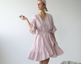 Linen Bathrobe with Ruffles / Morning Gown in Linen / Nightgown / Soft Linen Lingerie Robe / Natural Linen Lounge Wear by Happymade Design