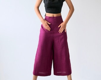 Linen Culottes INGUNN with Pockets /Loose-fitting HIGH-WAIST Trousers with an Elastic Waistband and Wide-Leg Design / Linen Palazzo Pants /