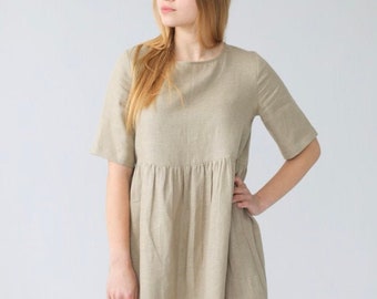 NINA Linen Ruffle Dress, Comfortable Mom Dress, Short Summer Linen Dress, Natural Dress , Ethically Produced by Happymade Designs