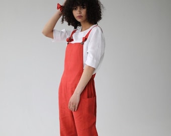 Linen Dungarees IREN in Rusty Red / Comfortable and Casual Women Romper / Linen Natural Jumpsuit / Ethically Made by Happymade Design
