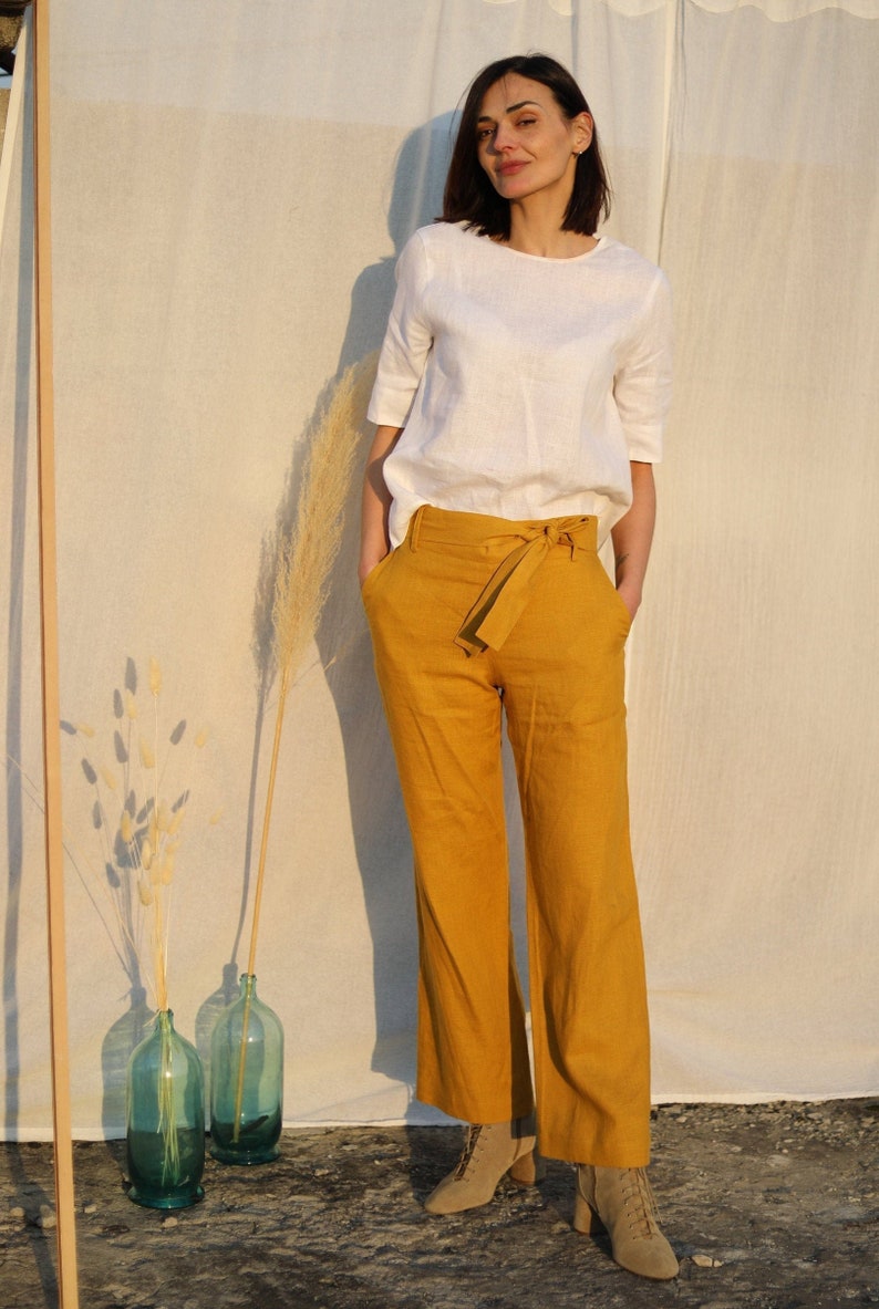 Linen Pants INES / Natural Blue Wide Leg Linen Culottes / Wide Leg Linen Trousers / Comfortable and Ethically Made by Happymade Designs image 1
