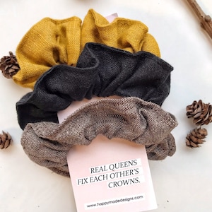 Scrunchies Linen 3-pack, Autumn Gift, Pure Flax Accessory, Linen Hair Ties, Package of 3 Scrunchy Ethically Produced by Happymade Designs