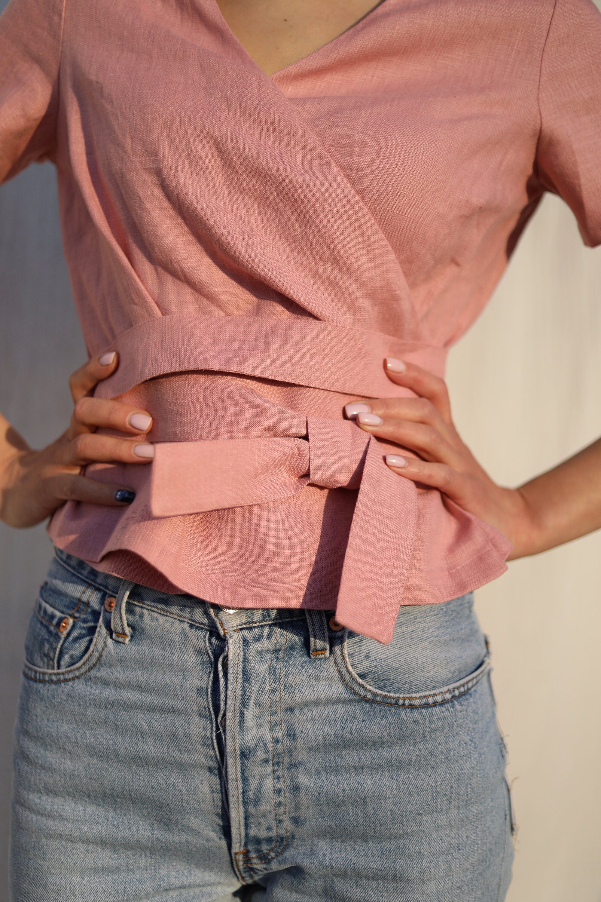 Linen Wrap Top MONIKA / Pink Linen Wrap Blouse / Linen Kimono Etsy