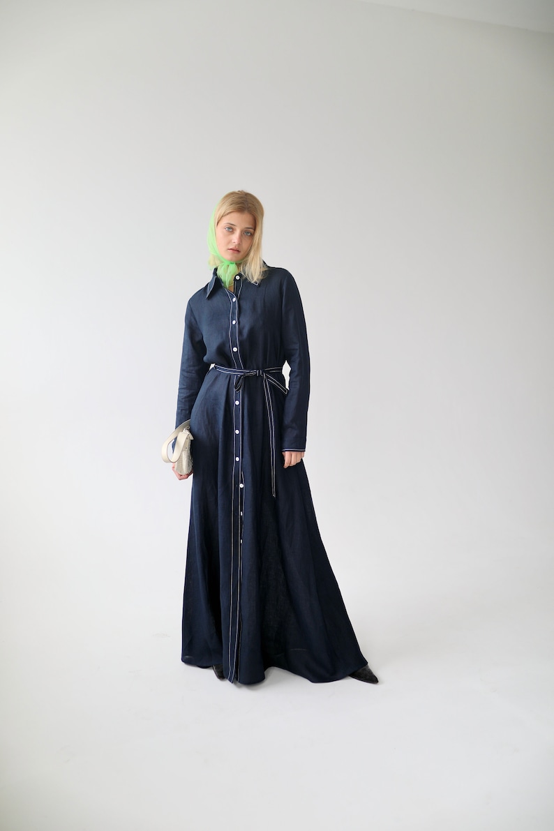 Linen Maxi Shirt Dress FREJA in A-line Silhouette with Contrast Stitching and Pockets / Long Linen Shirtdress with Belt / Ethically Produced image 3