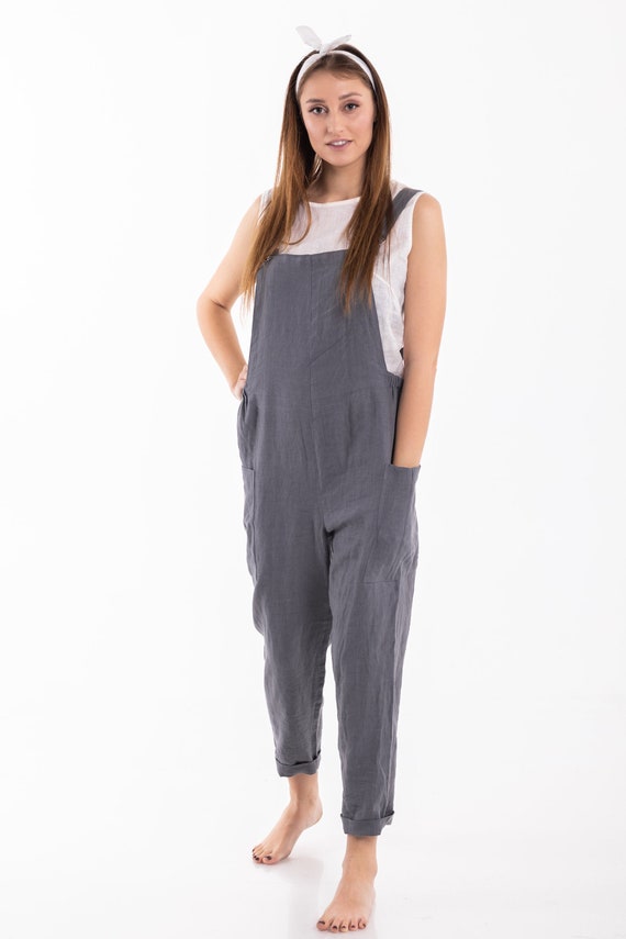 green linen dungarees