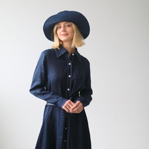 Linen Maxi Shirt Dress FREJA in A-line Silhouette with Contrast Stitching and Pockets / Long Linen Shirtdress with Belt / Ethically Produced image 1