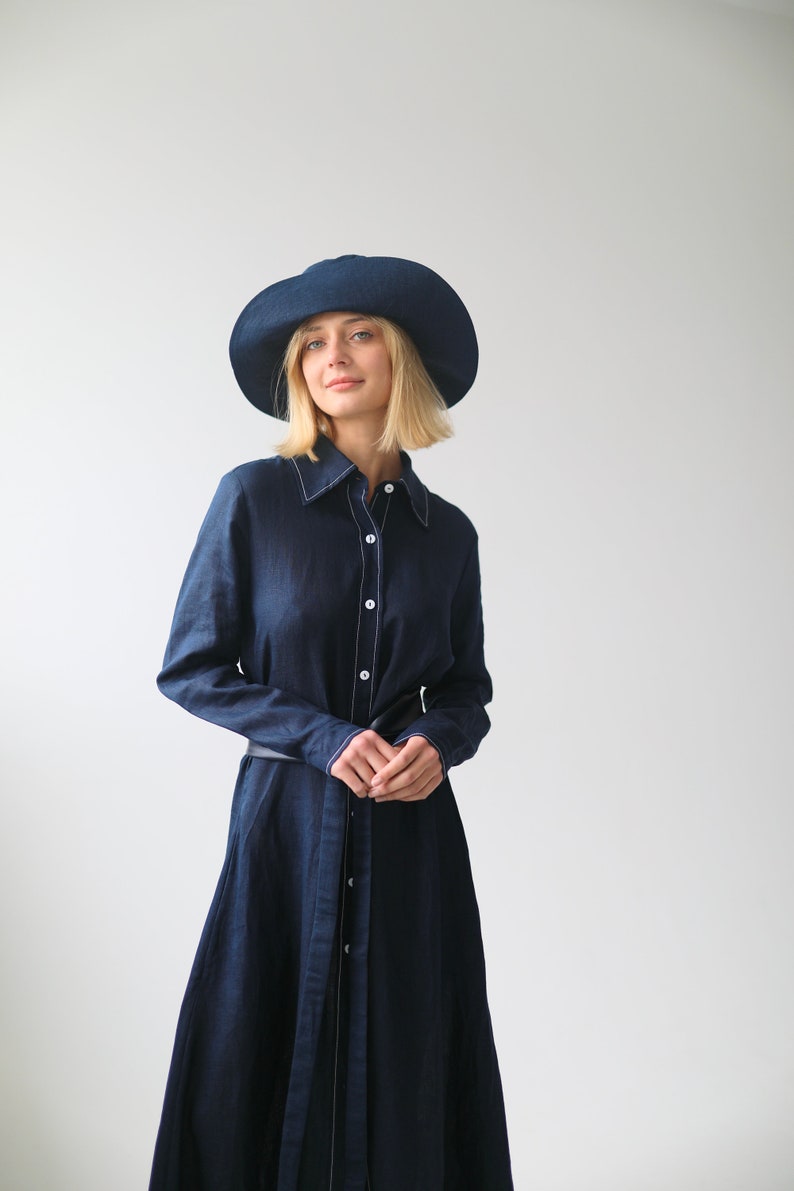 Linen Maxi Shirt Dress FREJA in A-line Silhouette with Contrast Stitching and Pockets / Long Linen Shirtdress with Belt / Ethically Produced image 1