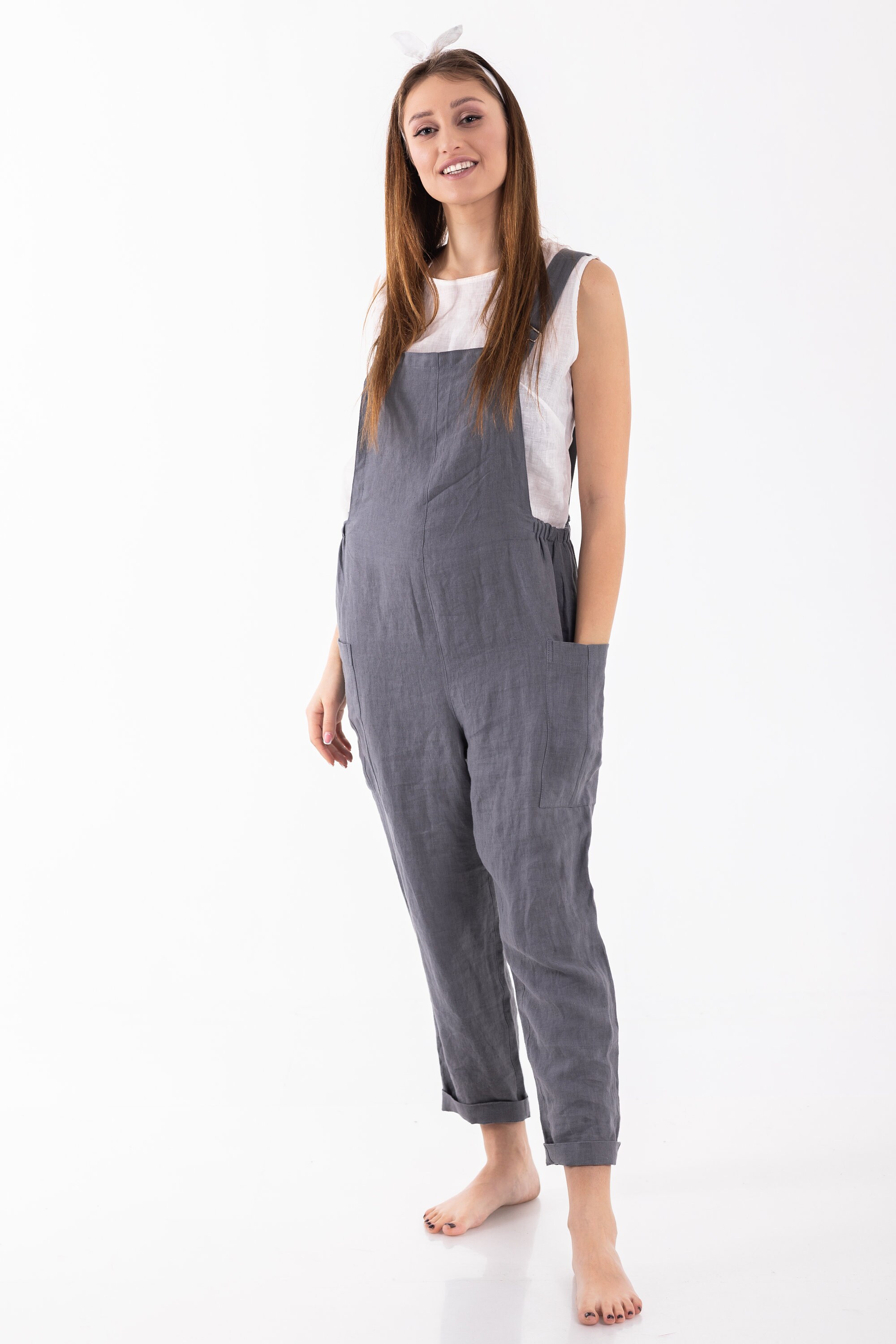 Linen Dungarees IREN in Forest Green / Comfortable and Casual Women
