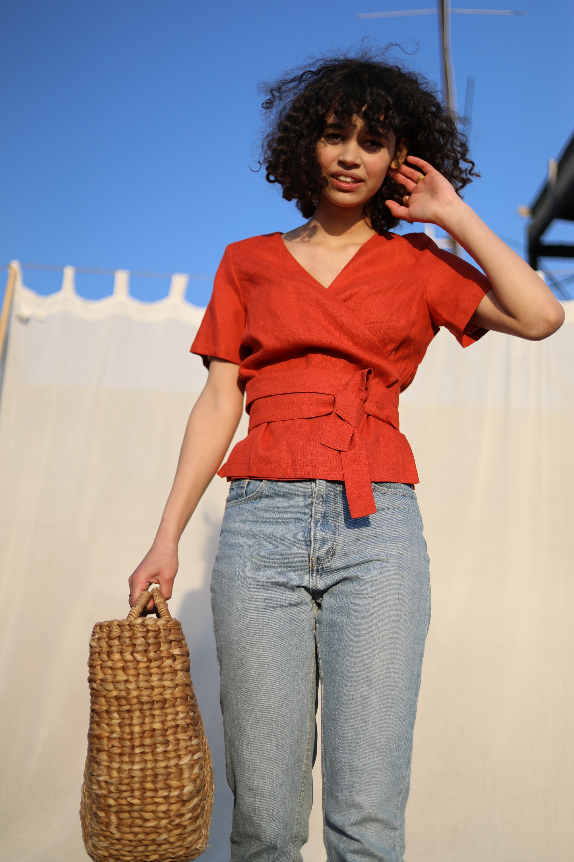 Linen Wrap Top MONIKA / Red Linen Wrap Blouse / Linen Kimono / Etsy
