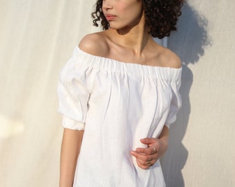 BELLA Off The Shoulder Linen Top / Leinenbluse / Blouse d'été confortable à épaules dénudées / Vêtements en lin pour femmes / Fabriqué de manière éthique