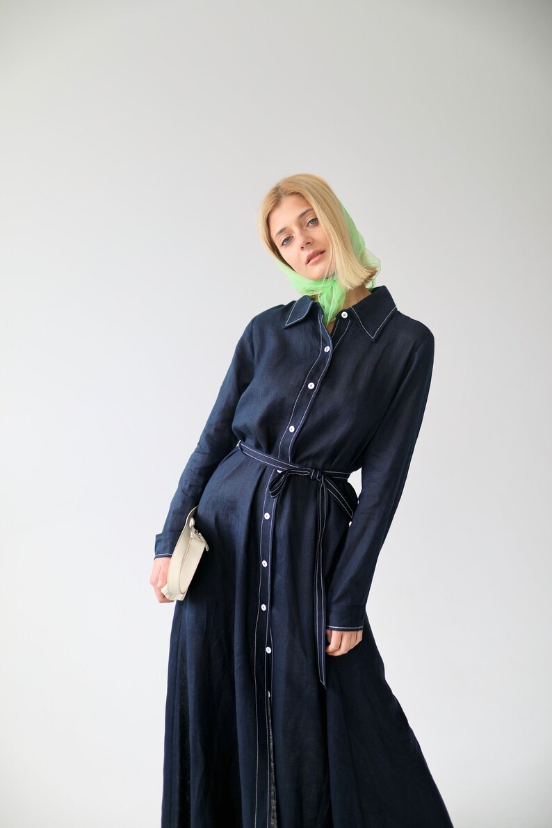 Linen Maxi Shirt Dress FREJA in A-line Silhouette with Contrast Stitching and Pockets / Long Linen Shirtdress with Belt / Ethically Produced image 5