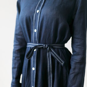 Linen Maxi Shirt Dress FREJA in A-line Silhouette with Contrast Stitching and Pockets / Long Linen Shirtdress with Belt / Ethically Produced image 4