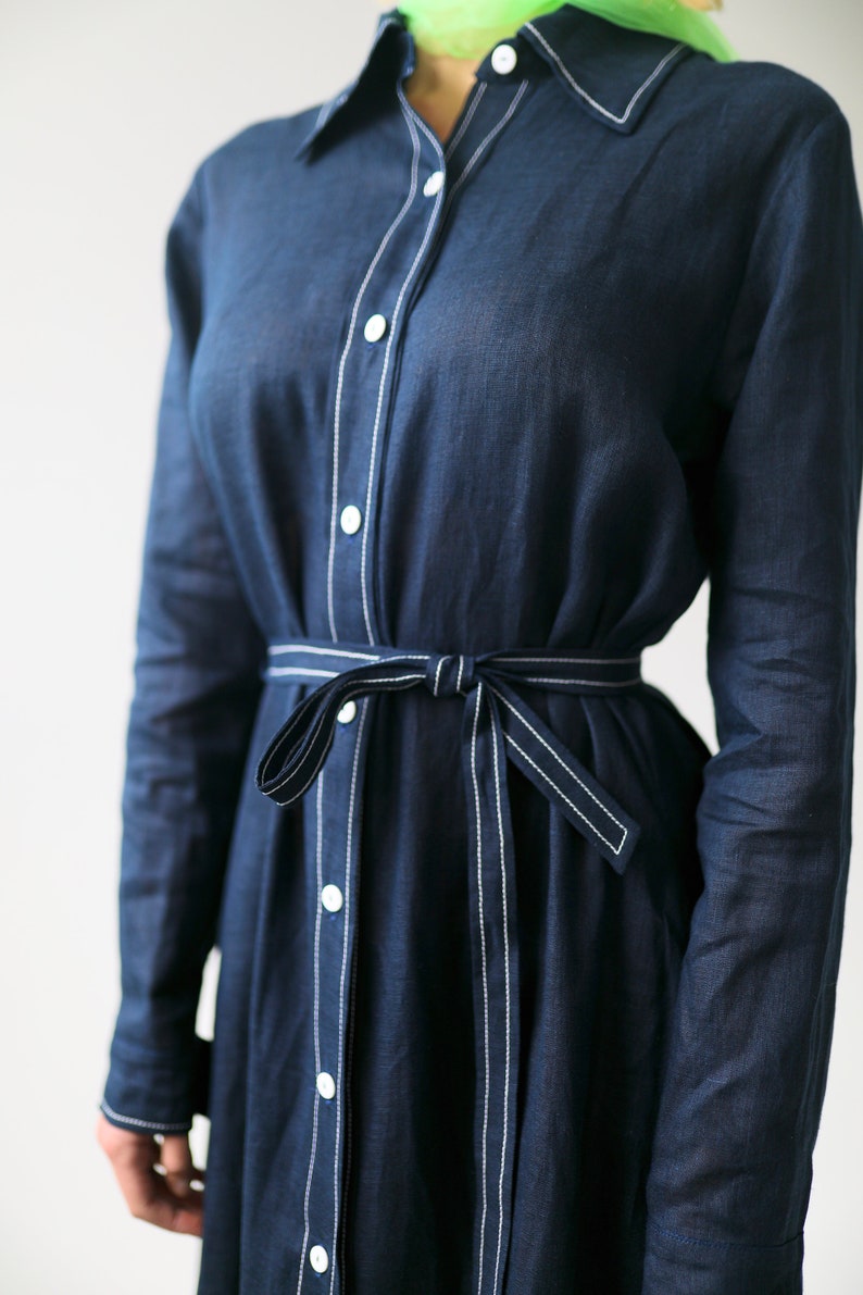 Linen Maxi Shirt Dress FREJA in A-line Silhouette with Contrast Stitching and Pockets / Long Linen Shirtdress with Belt / Ethically Produced image 4