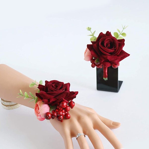 Red Rose and Pink Velvet Flower Wrist Corsage and Boutonniere Set for Prom Party Ball Wedding, Bride Bridesmaid Groom