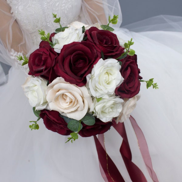 9" Burgundy Wedding bouquet, Rose bridal bouquet, handmade artificial faux flowers wedding decor