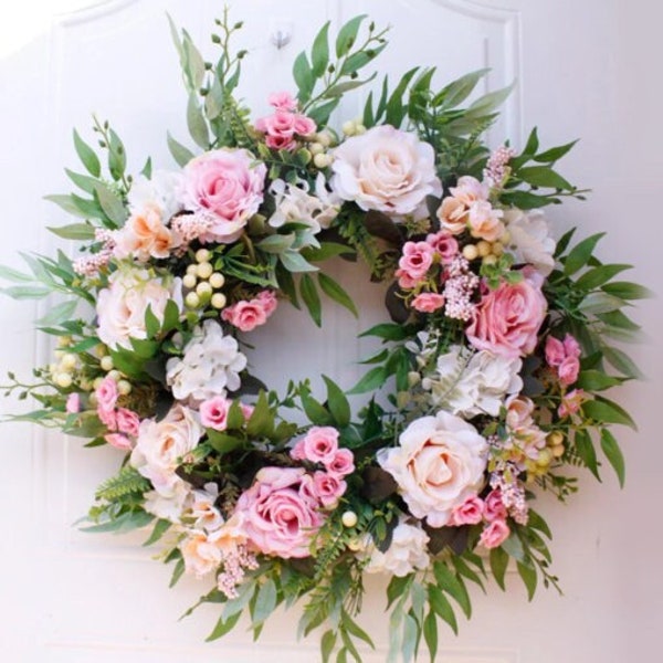 22“ Artificial Rose Wreath, Front Door Wreath, Grapevine Hanger, Farmhouse Wreath, Garland, Window Ornament, Wall Decor, Champagne, Pink