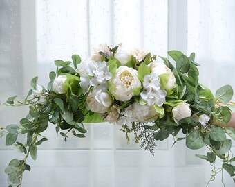 Artificial Peony with Green Eucalyptus leaves Swag for Wedding Arch Reception Ceremony Front Door Home Wall Décor