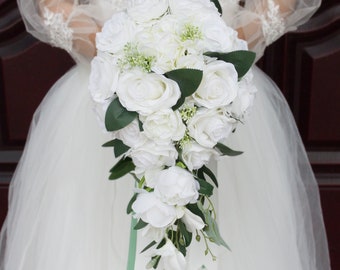Classic Waterfall Cascade White Rose with Green Leaves Wedding Bridal Bouquet