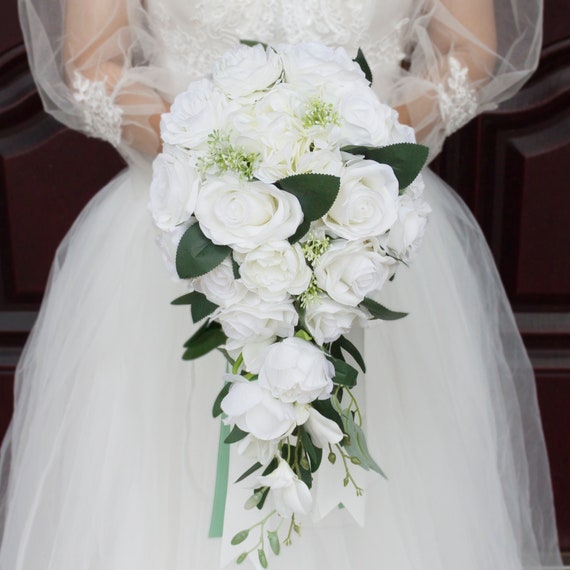 Classic Waterfall Cascade White Rose With Green Leaves Wedding Bridal  Bouquet 