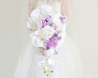 Real Touch Artificial Flowers Cascade Bridal Bouquet (Lavender and Mint Green)