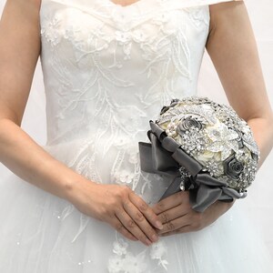 Luxury Brooch Wedding Bride Bouquet, Light Grey Satin Roses Covered by Sparkle Rhinestone Crystal brooches, Jewelry Bouquet image 3