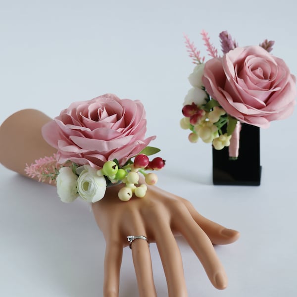 Artificial Dusty Pink Rose Boutonniere Wrist Corsage for Wedding School Prom Party Anniversary Ball