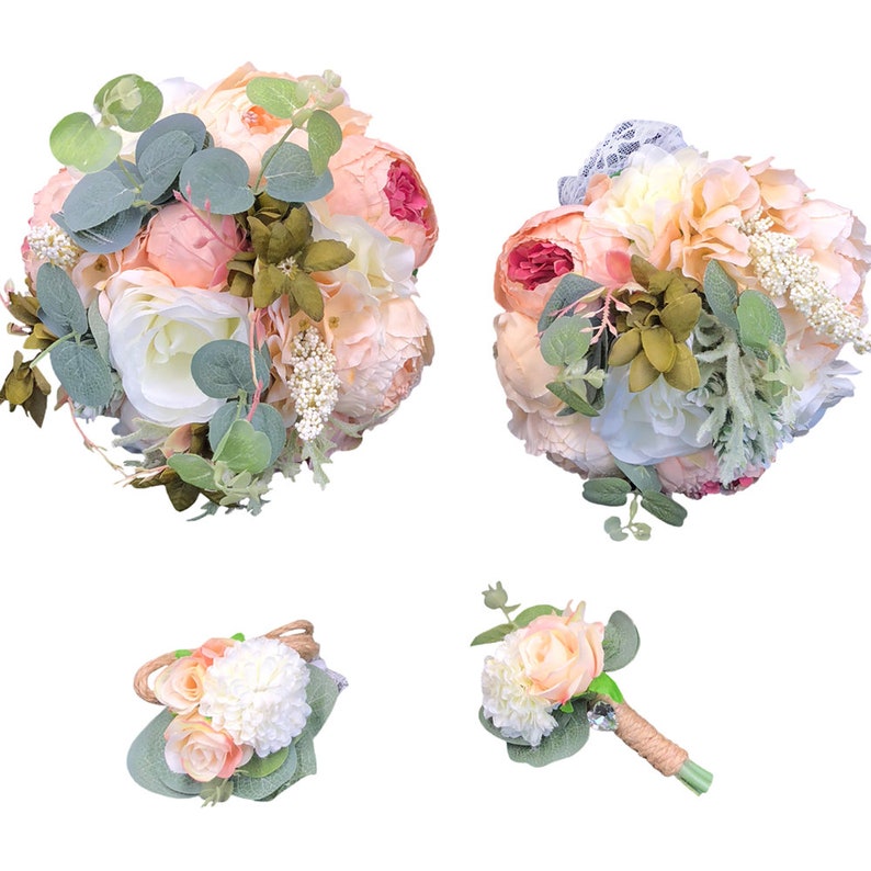 Blush Pink Peony Real Touch White Roses Lily Bridal Bouquet Bridesmaid Flowers Wrist Corsage Boutonniere for Spring Garden Wedding Prom